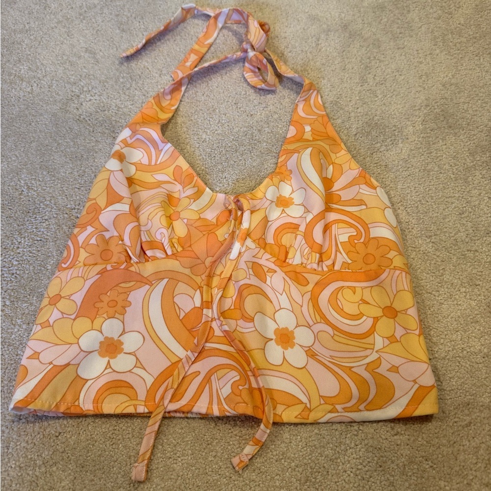 Hollister Orange Flower Design Crop Top Halter Neck Women’s Size S
